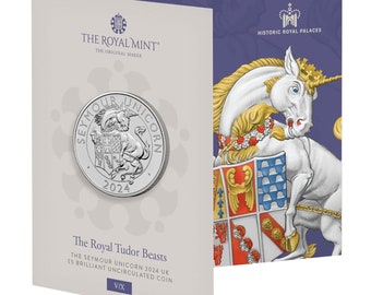 2024 Royal Tudor Beasts 05 Seymour Unicorn 5 Pound Brilliant Uncirculated Coin in Royal Mint Sealed Pack