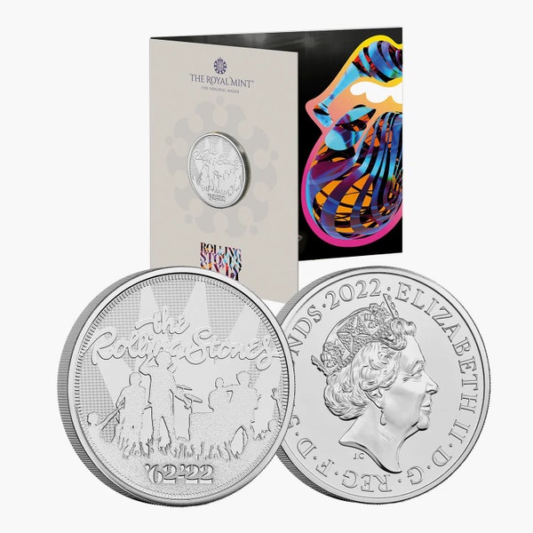 2022 Rolling Stones Music Legends 5-Pfund-Stempelmünze in Royal Mint Siegelverpackung