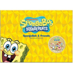May include: A yellow collector's coin featuring SpongeBob SquarePants and friends. The coin is in a yellow case with a geometric pattern. The Nickelodeon and SpongeBob SquarePants logos are visible, along with the text "SpongeBob & Friends 2025 Collector Coin."