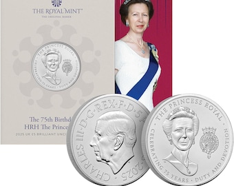 2025 75. Geburtstag Prinzessin Anne UK 5 Pound Brilliant Unzirkulierte Münze in Royal Mint Versiegelte Packung