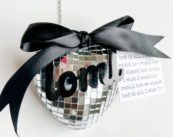 Personalized heart disco ornament with acrylic writing and satin bow for party favors, bridesmaid gifts, bachelorette favor and more!