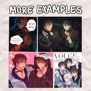 K&ouml;nnte beinhalten: Eine Collage von Illustrationen im Anime-Stil. Das obere linke Panel zeigt zwei Figuren mit Sprechblasen. Das obere rechte Panel zeigt zwei Figuren in einer dunklen Umgebung. Die unteren Panels zeigen m&auml;nnliche Figuren mit Text und dem Wort "LOVE". Der Text "MORE EXAMPLES" steht oben.