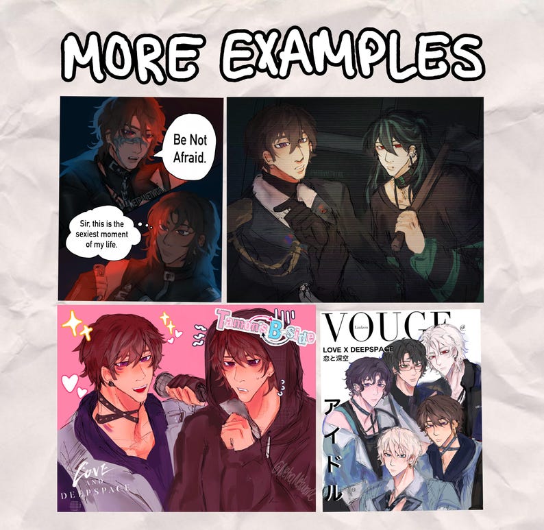 K&ouml;nnte beinhalten: Eine Collage von Illustrationen im Anime-Stil. Das obere linke Panel zeigt zwei Figuren mit Sprechblasen. Das obere rechte Panel zeigt zwei Figuren in einer dunklen Umgebung. Die unteren Panels zeigen m&auml;nnliche Figuren mit Text und dem Wort "LOVE". Der Text "MORE EXAMPLES" steht oben.