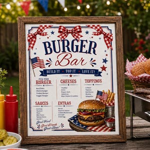 Patriotic Burger Bar Sign Template, Red, White and Blue Menu Sign, Editable Canva Template, Cookout Party Decor, Instant Download