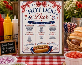 Plantilla de letrero patriótico para bar de perritos calientes, plantilla editable de Canva, letrero de menú para barbacoa, decoración para fiestas en rojo, blanco y azul, descarga instantánea.
