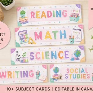 May include: A set of five rectangular subject cards measuring 11 inches by 4 inches, featuring pastel-coloured text and illustrations for Reading, Math, Science, Writing, and Social Studies. Each card displays cute, smiling school supply icons.