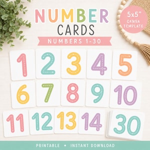 Puede incluir: Un conjunto de tarjetas numéricas imprimibles con los números del 1 al 30 en colores pastel, con líneas discontinuas y flechas direccionales. Las tarjetas indican 5x5 pulgadas e incluyen el texto NUMBER CARDS NUMBERS 1-30.