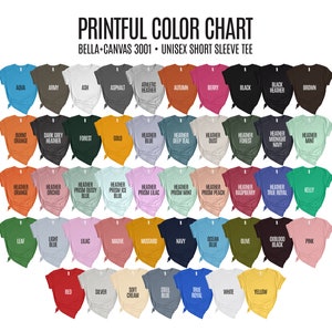 Puede incluir: Carta de colores que muestra 36 colores diferentes de camisetas de manga corta unisex Bella + Canvas 3001. La carta est&aacute; organizada en filas y columnas, con cada color representado por una camiseta doblada.