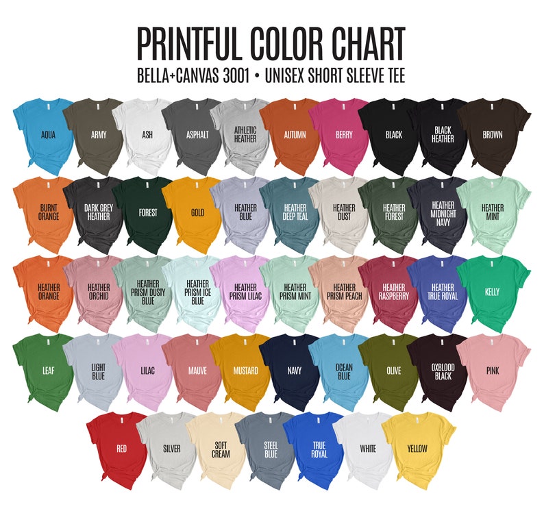 Puede incluir: Carta de colores que muestra 36 colores diferentes de camisetas de manga corta unisex Bella + Canvas 3001. La carta est&aacute; organizada en filas y columnas, con cada color representado por una camiseta doblada.