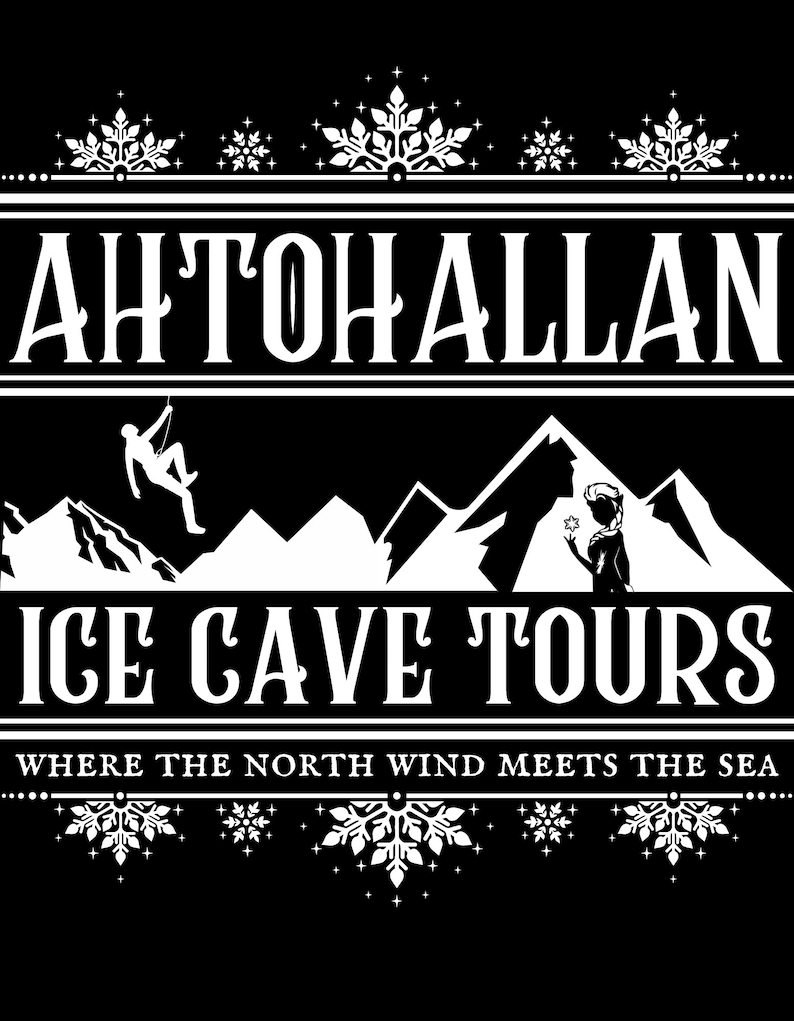 Puede incluir: Una ilustraci&oacute;n en blanco y negro de un paisaje invernal con el texto "Aht Oh Allan Ice Cave Tours" y el lema "Where the North Wind Meets the Sea".