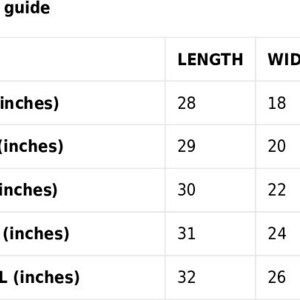 May include: Size guide for a garment with measurements in inches. The table shows the length and width of the garment in inches for sizes S, M, L, XL, and 2XL.