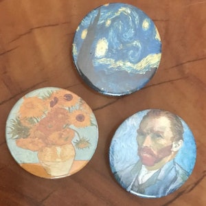 Set of 3 Van Gogh Paintings on Pin Back Buttons 1.5”