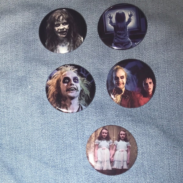 Scary Horror Movie Pin Back Button 1.5”. Beetlejuice - Regan Exorcist - The Shining Twins- Carol Anne Poltergeist