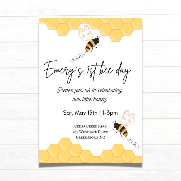 My First Bee Day Invitation, First Birthday Invitation girl, Editable Bee Invitation, Bee Birthday Party, Bee Hive, Bee-Day Invitation