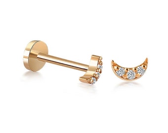 14K Solid Gold Moon Piercing, Minimalist Tragus Piercing, Gold Minimalist Tragus, Stud Ear Piercing, Gold Cartilage Earring, Unique Tragus