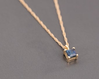 14K Solid Gold Necklace / Square Sapphire Charm Necklace / Sapphire Necklace / Gold Necklace