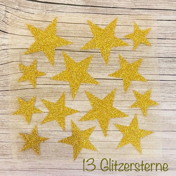 13 Glitzersterne zum aufbügeln - Bügelbild Sterne Goldsterne - Glitter - Sterne Aufbügler - Sterne Fasching - Weihnachten - Schultüte - DIY