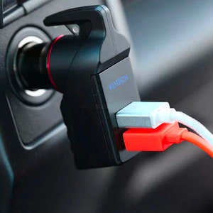 Emergency car escape tool with window breaker, seat belt cutter, USB charger, car phone charger