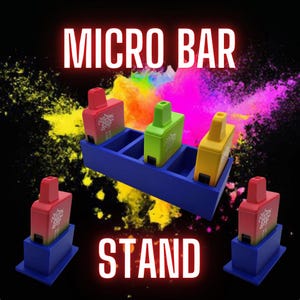 May include: A blue stand with four slots to hold four colorful Micro Bar vape pods. The stand is labeled "MICRO BAR STAND".