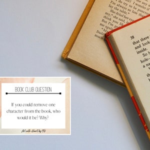 May include: Two open books with aged pages and a red spine, with text visible. A square card with the text "BOOK CLUB QUESTION" and a discussion prompt is in the lower left corner. The background is a light blue.