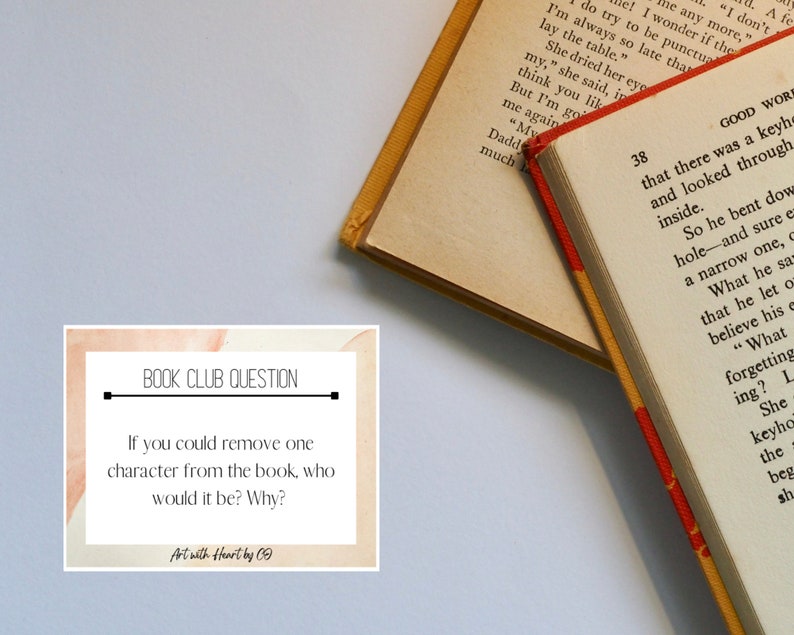 May include: Two open books with aged pages and a red spine, with text visible. A square card with the text "BOOK CLUB QUESTION" and a discussion prompt is in the lower left corner. The background is a light blue.