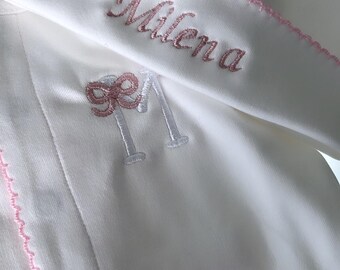 Personalized Baby Footie and Hat Set: White with Pink Picot Trim