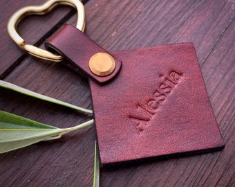 Personalised Tobacco Brown Hand-dyed Leather Diamond Keyring / Mother’s Day Gift / Fathers Day Gift