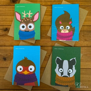 Cartões de Natal de animais fofos embrulhados / 4 cartões de Natal divertidos / Esquilo / Texugo / Robin / Cervo