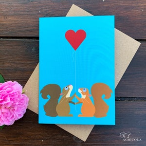Schattige eekhoorns met liefdeshartballonkaart / eekhoorn Valentijnsdagkaart / jubileumkaart / huwelijksverjaardag / Moederdag
