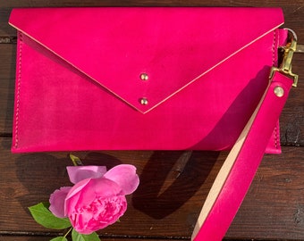Hot Pink Full Grain Leather Clutch Bag With Detachable Leather Wrist Strap