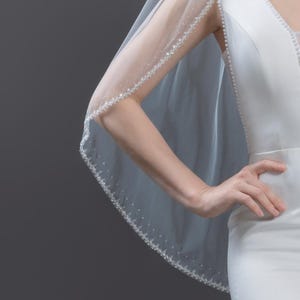 Fingertip Length Beaded Wedding Veil - Beaded Edge with Crystal, Pearl, and Sequin - One Tier Ivory Bridal Veil with Comb - Veil for Bride