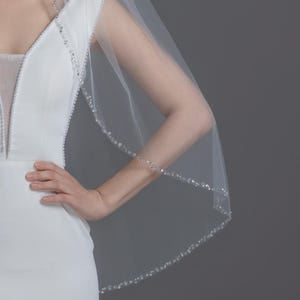 Sparkling Crystal Beaded Wedding Veil - One Tier Ivory Fingertip Length Bridal Veil for Bride - Beaded Edge Veil with Rhinestones