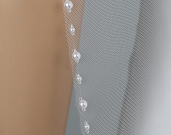 Simple Pearl Edge Wedding Veil One Tier Beaded Bridal Fingertip To Cathedral Custom Length