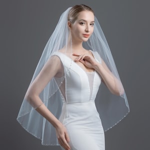 Rhinestone Pearl Beaded Bridal Veil – One Tier Beaded Edge Wedding Veil, Elbow Fingertip Length Veil, Ivory Wedding Veil, White Bridal Veil