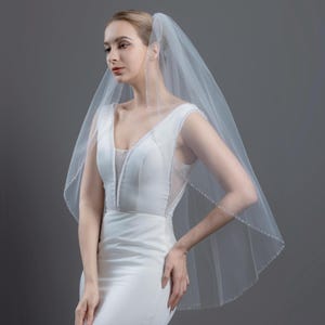 May include: A bride wearing a white wedding dress and a sheer, white veil. The veil is adorned with small, sparkling embellishments along the edges. The dress has a V-neckline and a fitted silhouette, creating an elegant bridal look.
