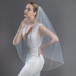 Crystal Pearl Beaded Wedding Veil – One Tier Bead Edge Bridal Veil, Elbow Fingertip Length Veil, Ivory Wedding Veil, White Bridal Veil