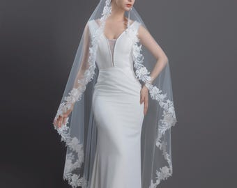 Spanish Mantilla Wedding Veil, Floral Lace, Frosted Seed Beads, Rhinestone, Fingertip Cathedral Bridal Veil