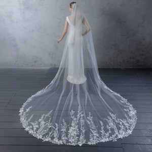 Royal Cathedral Lace Wedding Veil - One Tier Ivory Floral Lace & Rhinestones Bridal Veil - Long Wedding Veil for Bride Extra Full 120&quot;x108&quot;