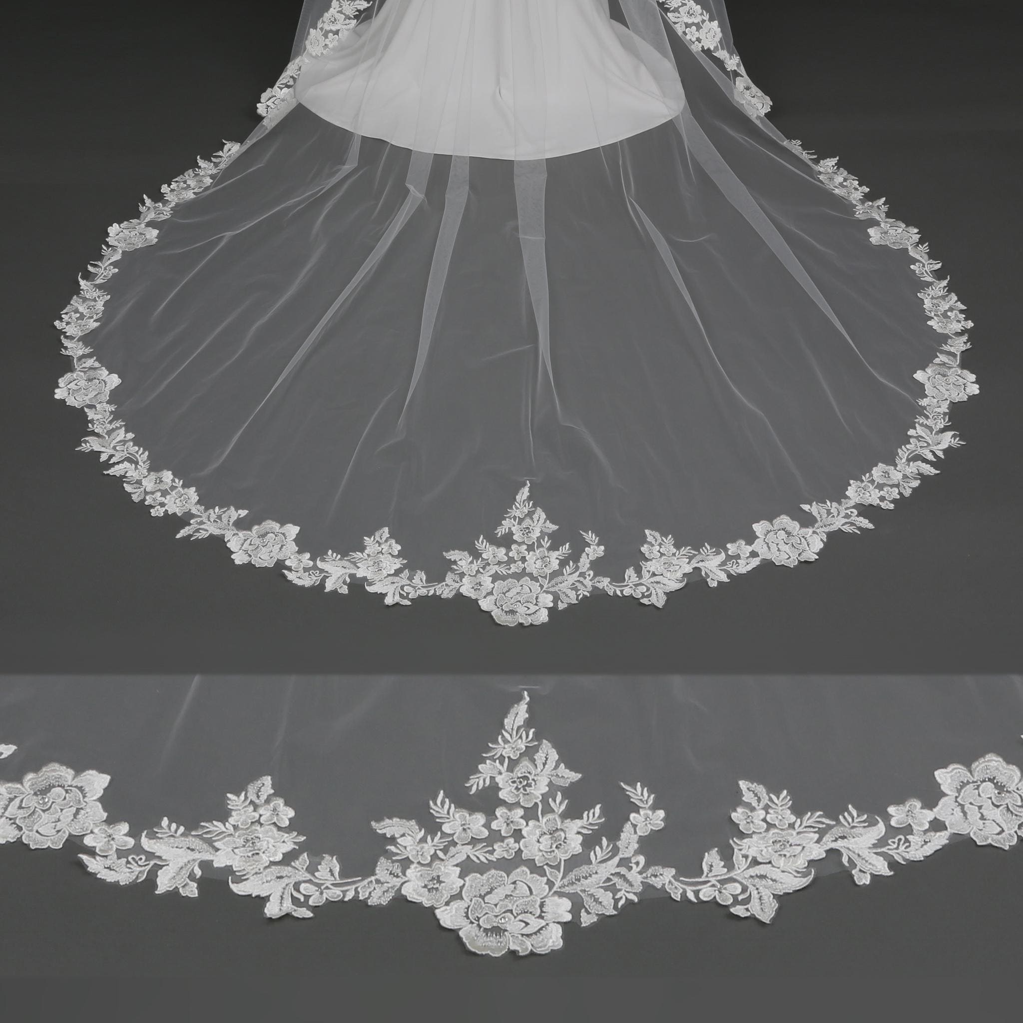 Angel Cut Lace Wedding Veil, Fingertip to Cathedral, Waterfall Rhinestone Sequin Bridal Veil