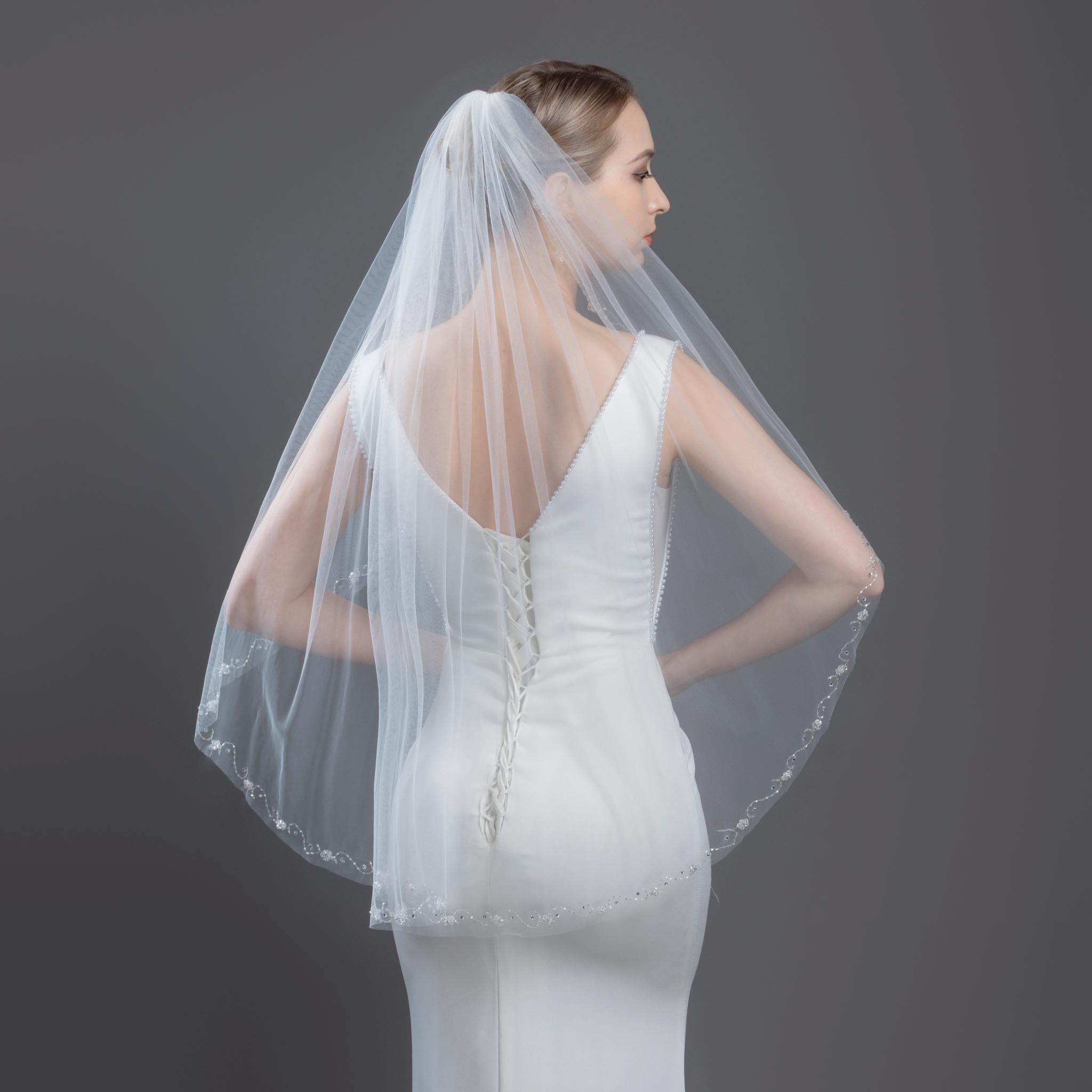 Floral Crystal Beaded Wedding Veil: Elbow/fingertip Length Bridal Veil