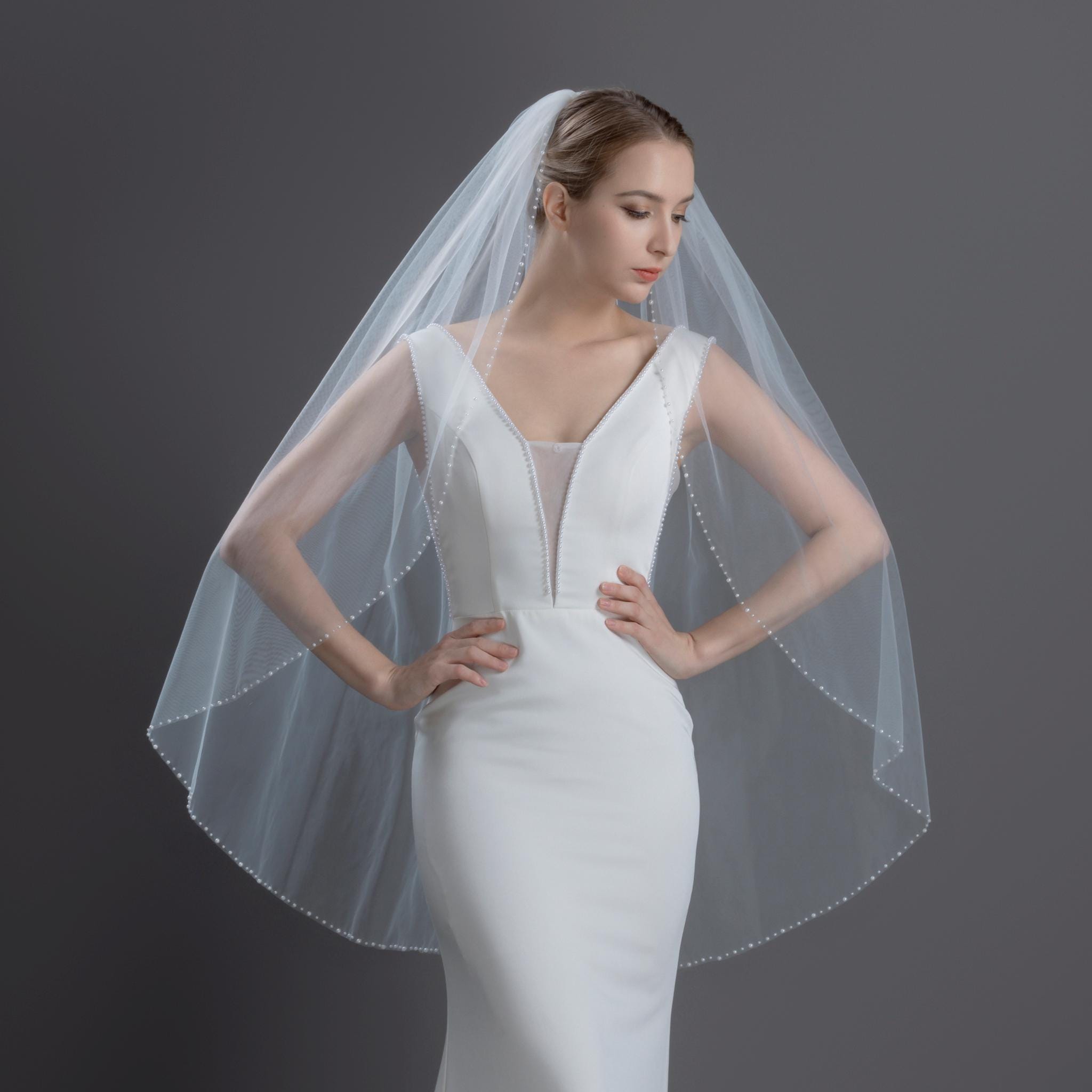 Beaded Bridal Veil Fingertip Pearl Crystal Edge 1 Tier Wedding Veil Pearls Crystals Beaded Edge 1-Tier Fingertip  main image 3
