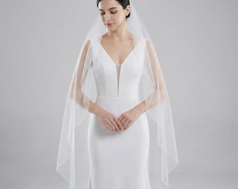 Soft Tulle Angel Cut Wedding Veil, Pencil Edge Minimalist Waterfall, Fingertip Waltz Cathedral Length