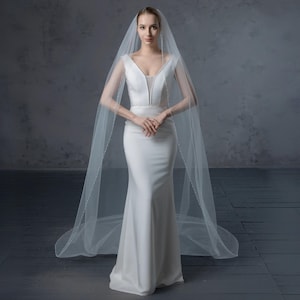 Voile de mariée cathédrale simple et élégant en perles - Bordure ornée de perles - Voile de mariée ivoire à 1 étage pour la mariée - Voile de mariage long