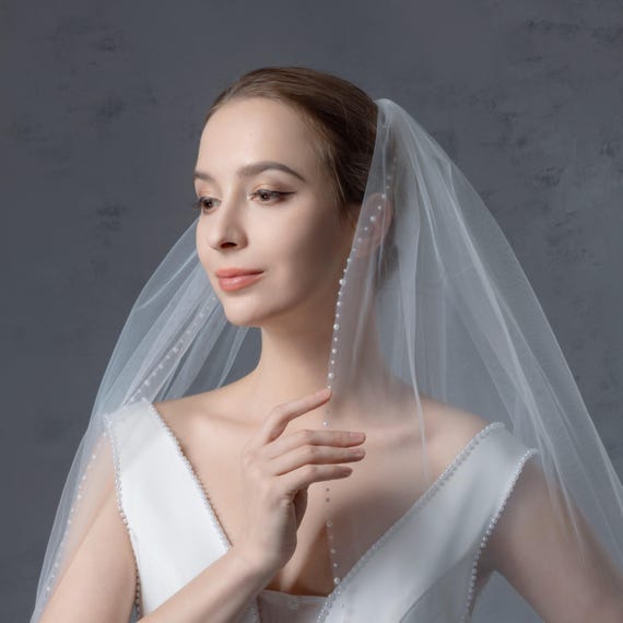 Cathedral Pearl Wedding Veil, Beaded Edge, Minimalist White  display picture 1
