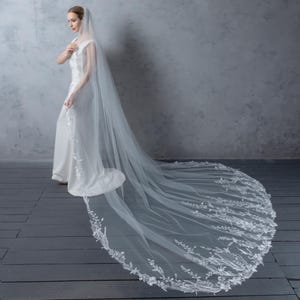 May include: A long, flowing white wedding veil with delicate floral embroidery along the edges. The veil is sheer and drapes gracefully, creating an elegant and romantic look. The bride is wearing a white wedding dress.