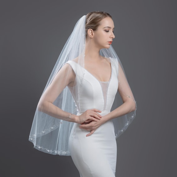 Floral Crystal Beaded Wedding Veil: Elbow/fingertip Length 
