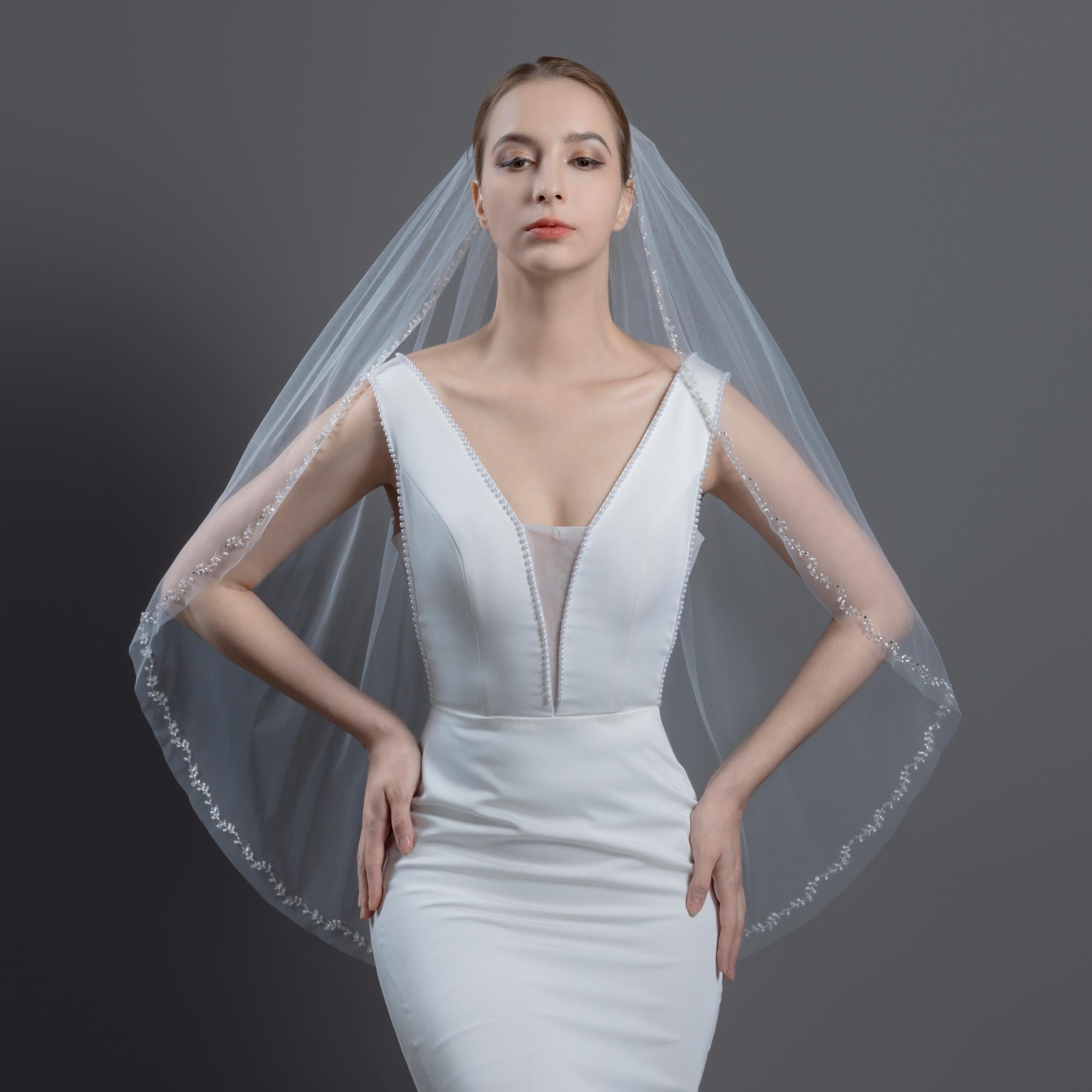 Wedding Veil Ivory Comb Beaded Pearl Floral Embroidered Fingertip Length M170 Embroidered Lace Bridal Veil With Pearl... From Qida10  main image 3