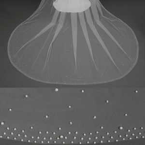 Cathedral Pearl Beaded Wedding Veil – 1 Tier Ultra-Sheer Tulle Bridal Veil with Comb, Ivory Long Veil with Pearls – 108&quot;x72&quot; or 120&quot;x108&quot;