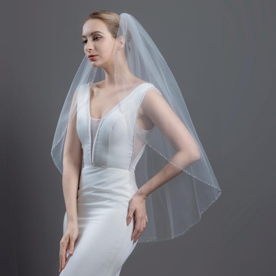 Sequin Beaded Wedding Veil: Ivory White Bridal Veil, Elbow 