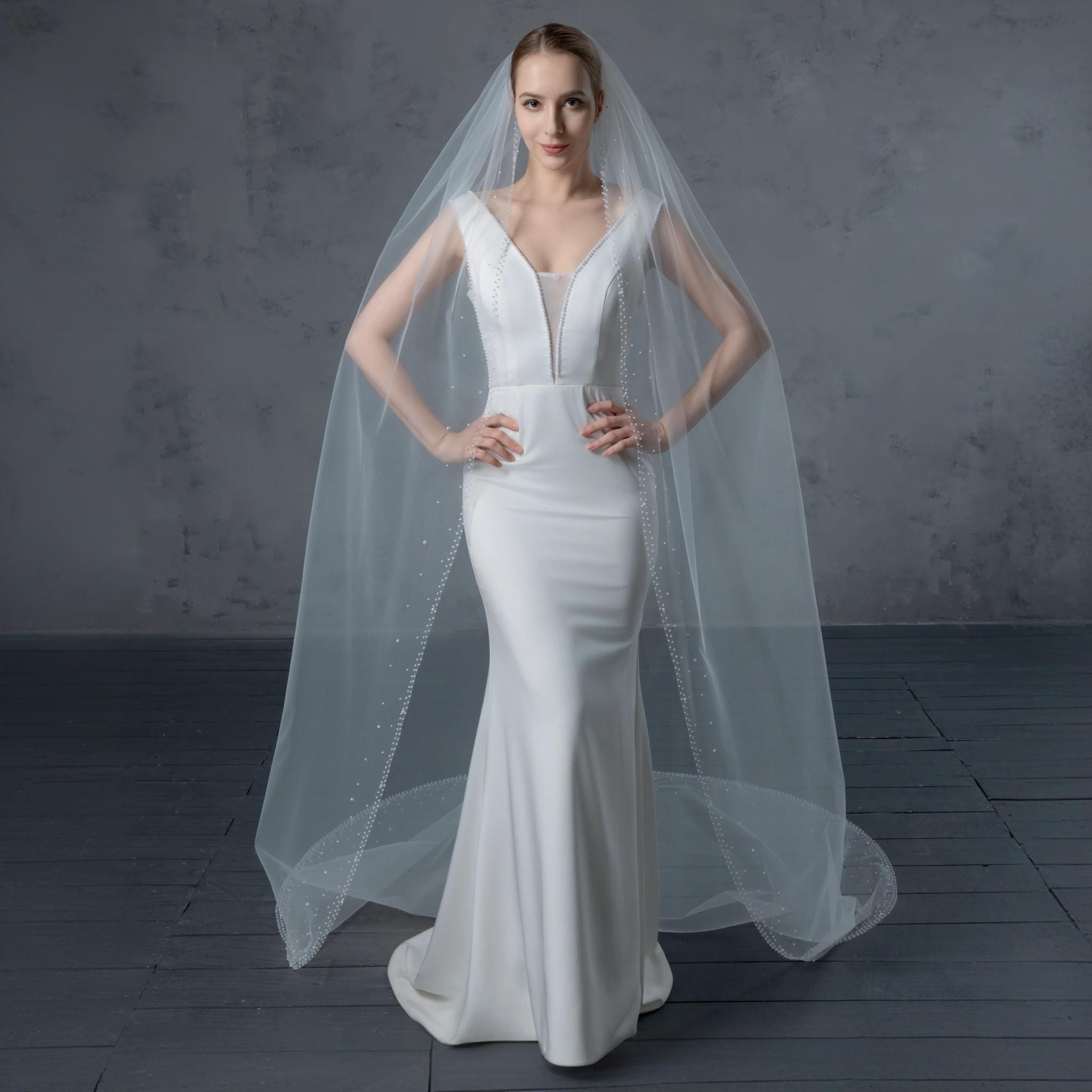 Ivory Beaded Wedding Veil - Scattered Beads, Extra Long with Comb Attachment Beaded Long Royal Cathedral Wedding Veil CHARLOTTE | EDEN  main image 2
